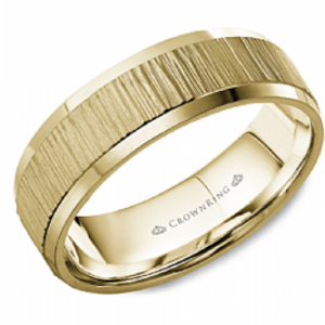 yellow gold wedding band with tree bark finish